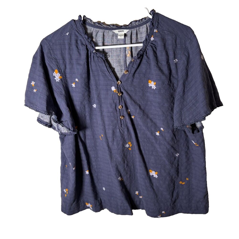 Sonoma Blouse Women's Large Blue V-Neck Popover Short Sleeve Textured Top